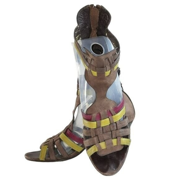 Vintage Style Brown Real Leather Peep Toe Block Heel Strappy Gladiator Sandals - Picture 15 of 16